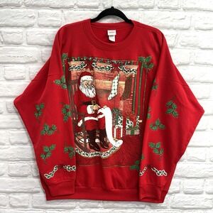 Vtg Christmas On Mainstreet Santa Clause Checking List Sweatshirt Red‎ 22W Y2K